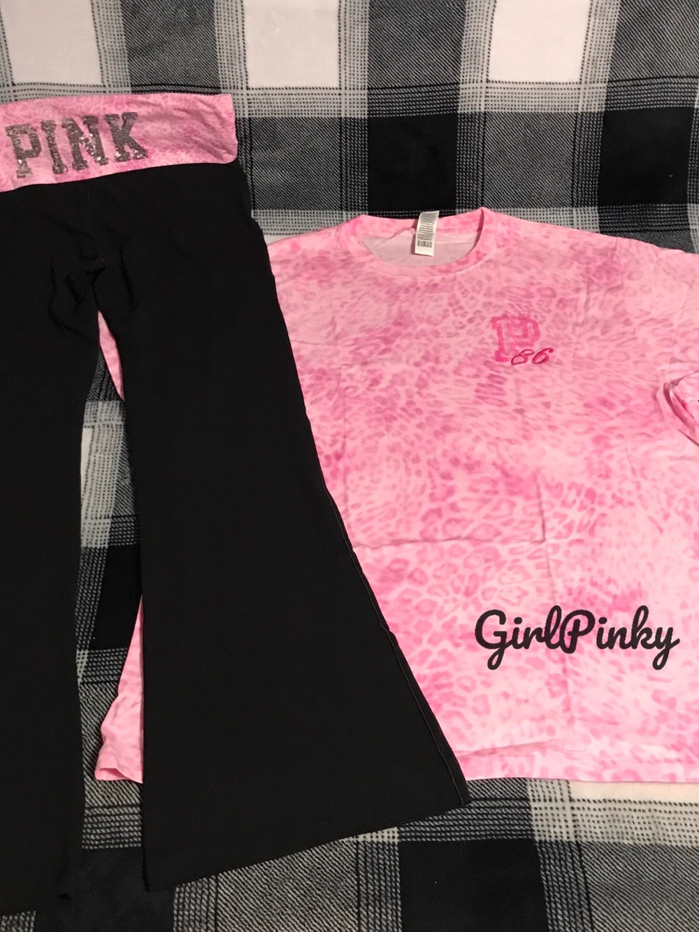VS PINK FOLDOVER FLARE LEGGINGS & CAMPUS TEE IN PINK LEOPARD PRINT LOGO XS-XL